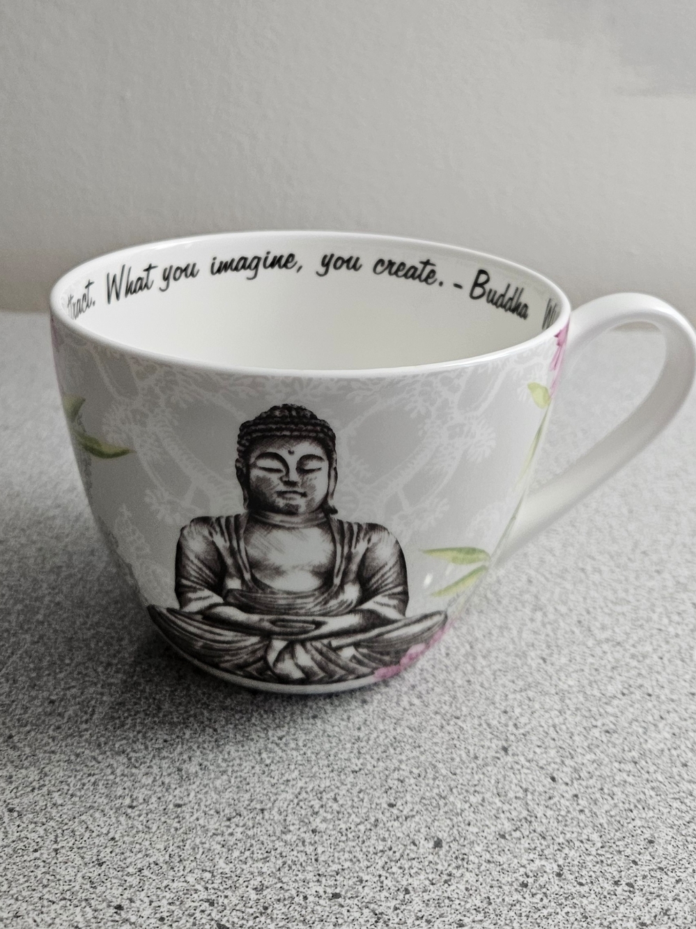 Buddha Portobello Illustrated White Ceramic Mug cup with Floral Accents